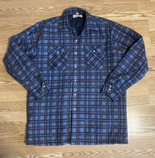 Vintage Mr. Leggs Flannel Shacket Mens L Blue Plaid Quilted Insulated Pearl Snap