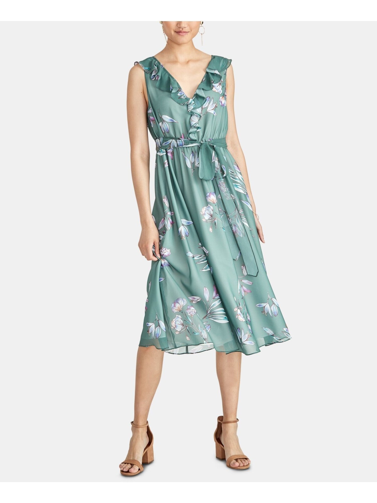 RACHEL ROY Womens Green Ruffled Sleeveless V Neck Midi Sheath Dress S