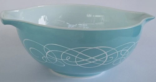 1957 Pyrex Turquoise Scroll Cinderella Bowl Vintage Mid Century Modern Promo