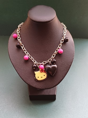 Hello Kitty Sanrio Silver Tone Pink & Black Beaded Pendant Chain Necklace