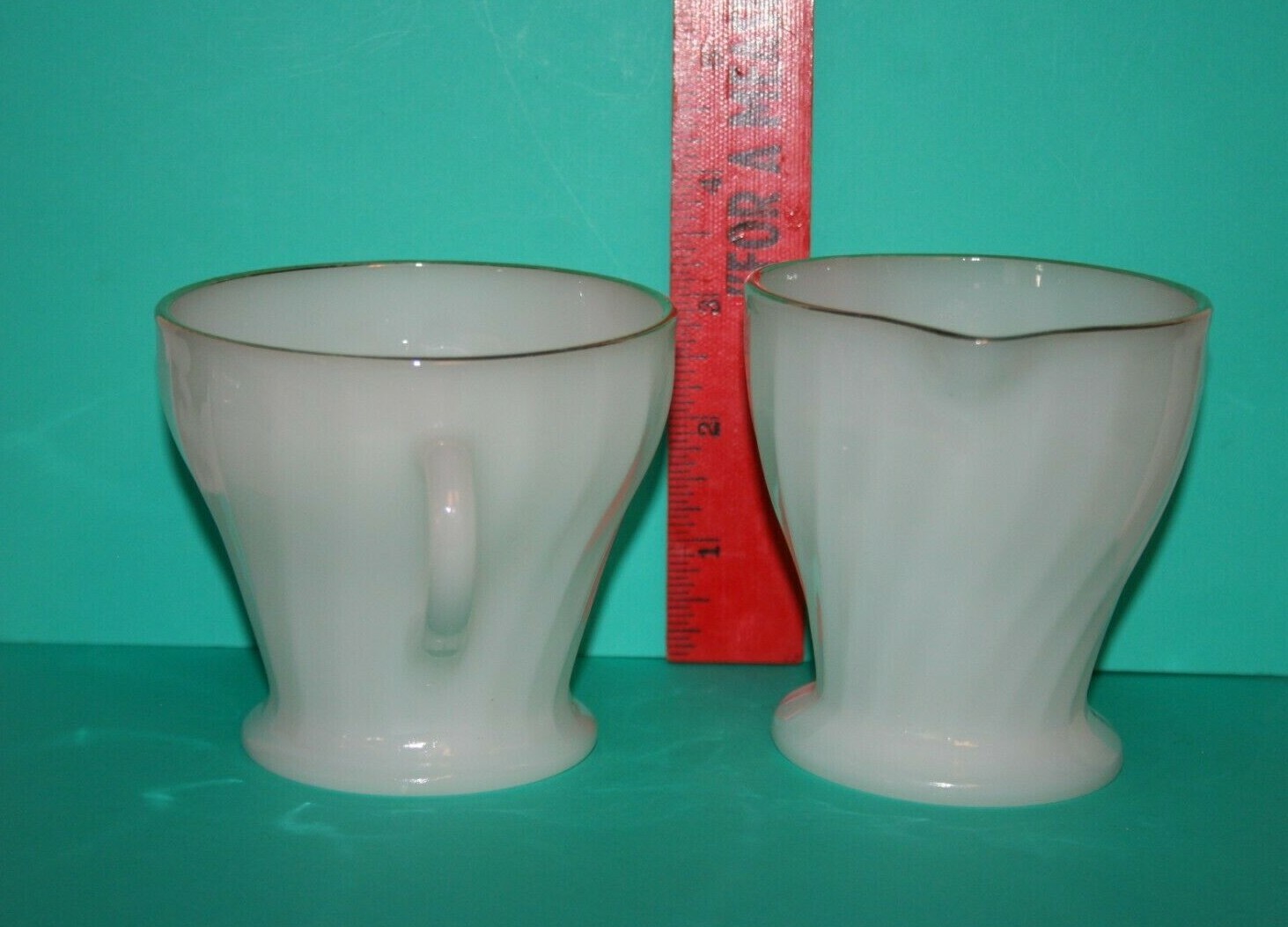 Fire King Creamer & Sugar Bowl Pressed Swirl White Milk Glass Gold Trim