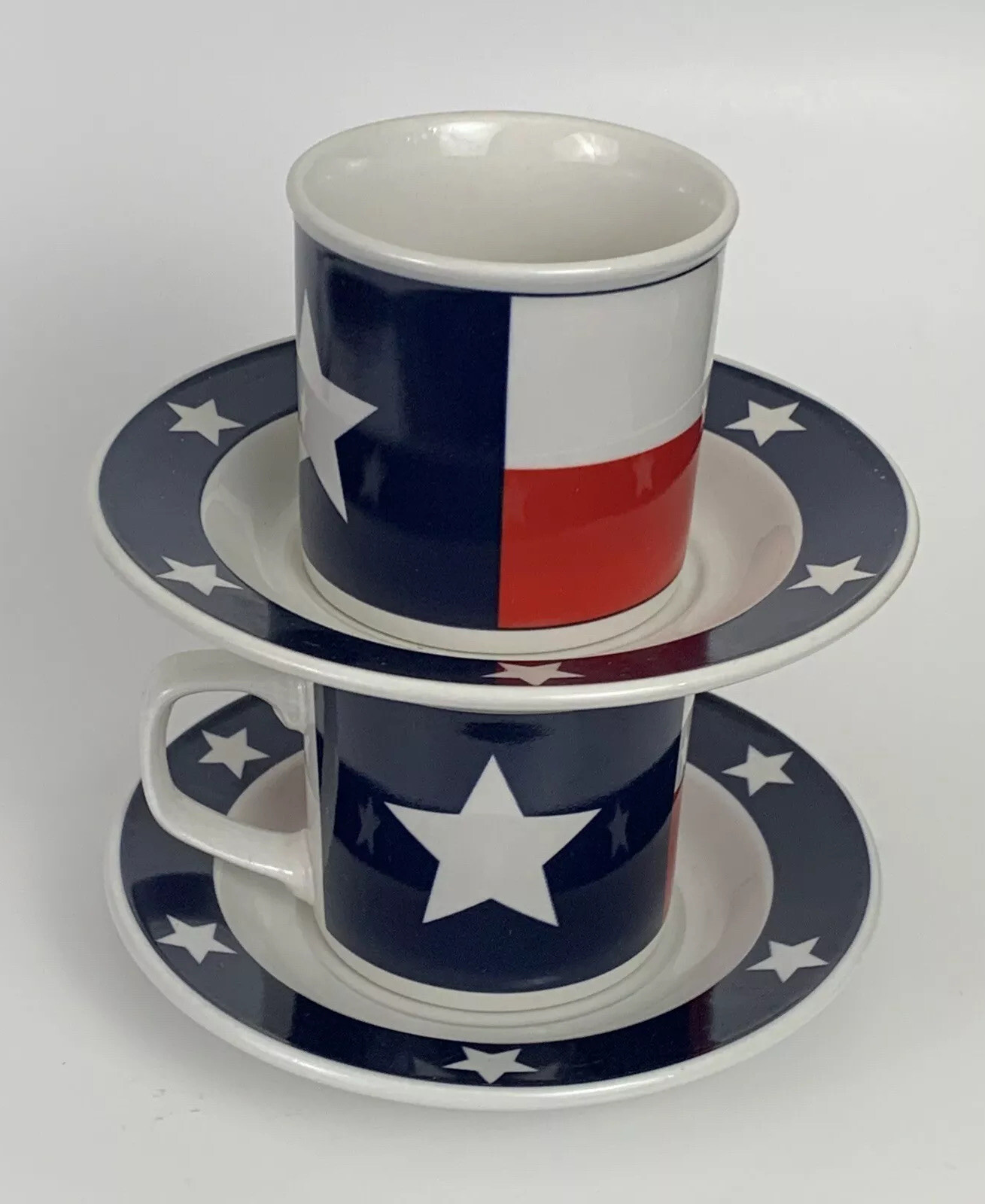 2 Totally Today Texas Flag Lone Star Cups Mugs Saucers Red White Blue