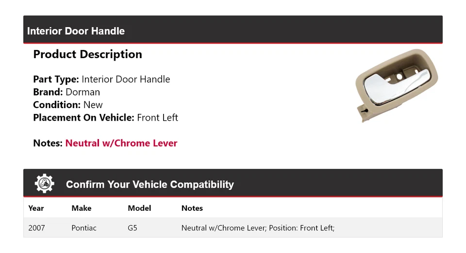 For 2007 Pontiac G5 Dorman Interior Door Handle Front Left - Image 2 of 4