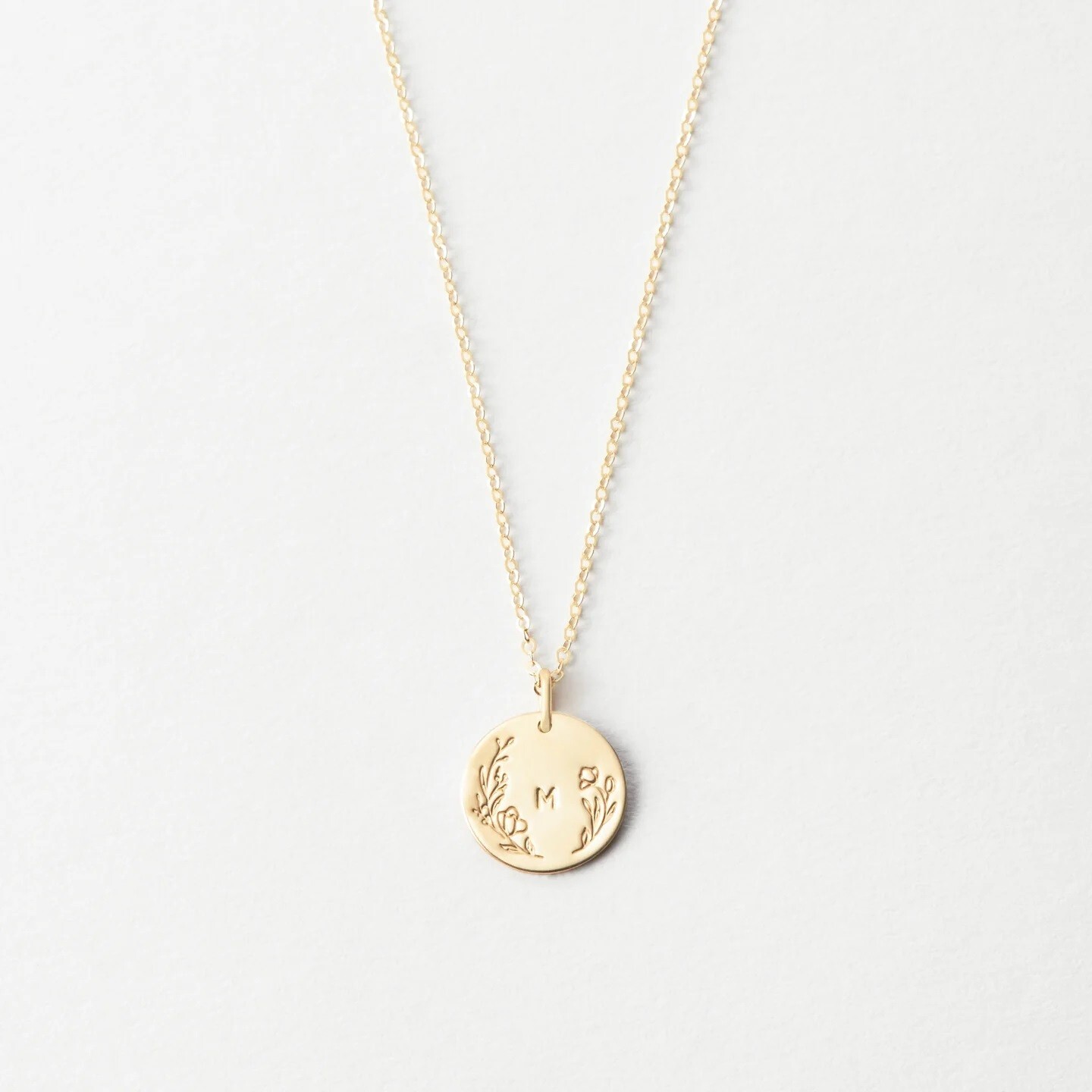 Floral Frame Initial Engraved Customized Coin Necklace In Solid 10K Yellow Gold