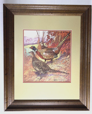 VTG. Lynn Bogue Hunt Ring-Necked Pheasants Professionally Matted Framed 21x17X1''