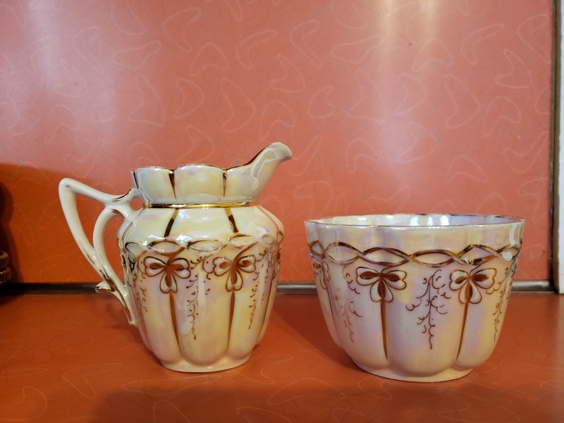 Antique Art Nouveau China Sugar Bowl And Creamer Luster With Gold Finish