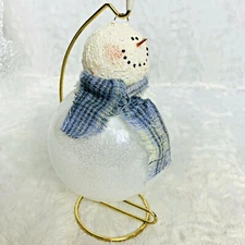 Hanging Snowman Christmas Ornament on Gold Stand Glittery Body Textured Head VTG