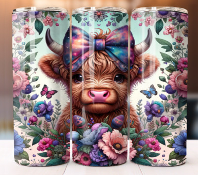 Highland  Floral Cow Tumbler Tumbler 20oz Skinny Cup Mug Stainless Steel