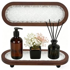 Sink Organizer for Bathroom and Kitchen, Decorative Oval Vanity Tray, Wood an...