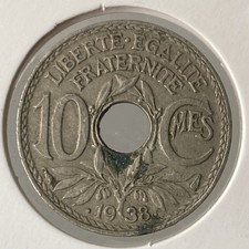 1938 France 10 Centimes Coin – RF République Française | Holed Nickel | Pre-WWII