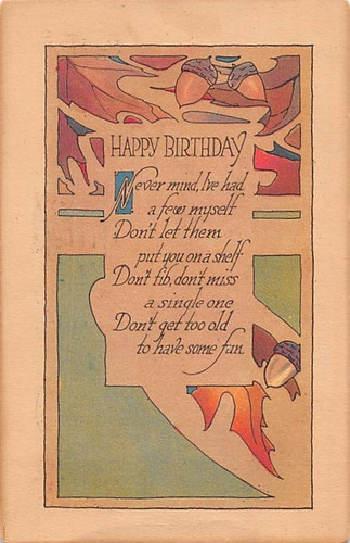 ARTS & CRAFTS BIRTHDAY DESIGN ~ LEAVES & ACORNS, #2053-4 ~ used 1916