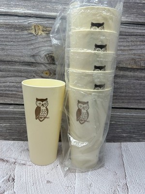 Vtg Nasco Gold Owl Drink Tumblers Tall Plastic Cups  Kitschy Barware Set Of 6