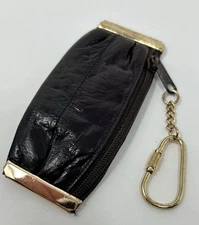 Vintage Genuine Eel Skin Coin Pouch Keychain Dark Brown Made in Korea NEW