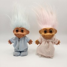 Lot Of 2 Russ Troll Dolls 4.5" Vtg Blue Pajamas  Hair. Pink Nightgown  Hair