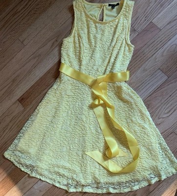City Triangles Women s Dress Small Yellow Lace With Ribbon Belt Flared Skirt 