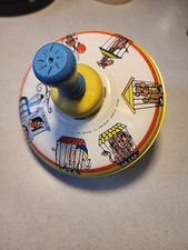 Vintage Ohio Art Metal Spinning Top Tin Toy Wood Handle Circus Train, Works 