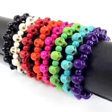 Skull Bracelet Halloween Handmade Howlite Turquoise Bead 7.5" Stretch Skeleton