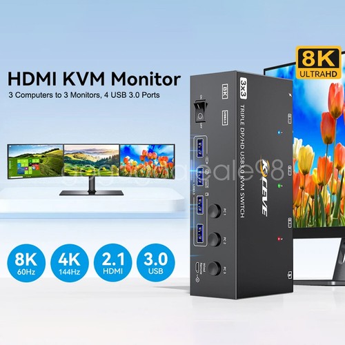 KVM HDMI Switch 8K 60Hz Displayport USB 3.0 Port 3 Monitors 3 Computers PS4 Xbox - Picture 16 of 26