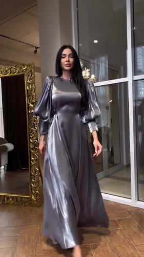 Women Shiny Dress Lantern Sleeves Satin Slim Fit Lady Party Gown Maxi Muslim - Picture 8 of 16
