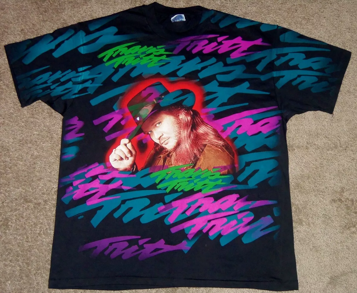 VINTAGE 90's TRAVIS TRITT ALL OVER PRINT COUNTRY MUSIC HANES BEEFY AOP SHIRT XL