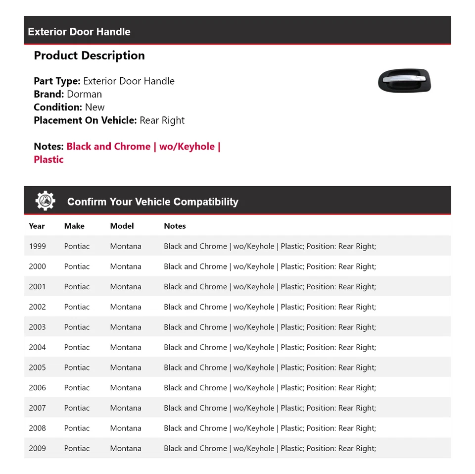 Задняя правая ручка внешней двери для Pontiac Montana Dorman 1999-2009 годов выпуска 2000 2001 годов выпуска - Изображение 2 из 4