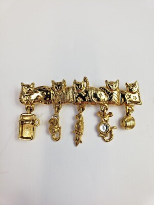 VINTAGE A.J.C CAT BROOCH AJC MOUSE PARROT KITTY CATS GOLD TONE