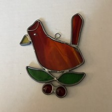Handmade Stain Glass Cardinal Suncatcher Bird Leaded Holly Christmas Decor