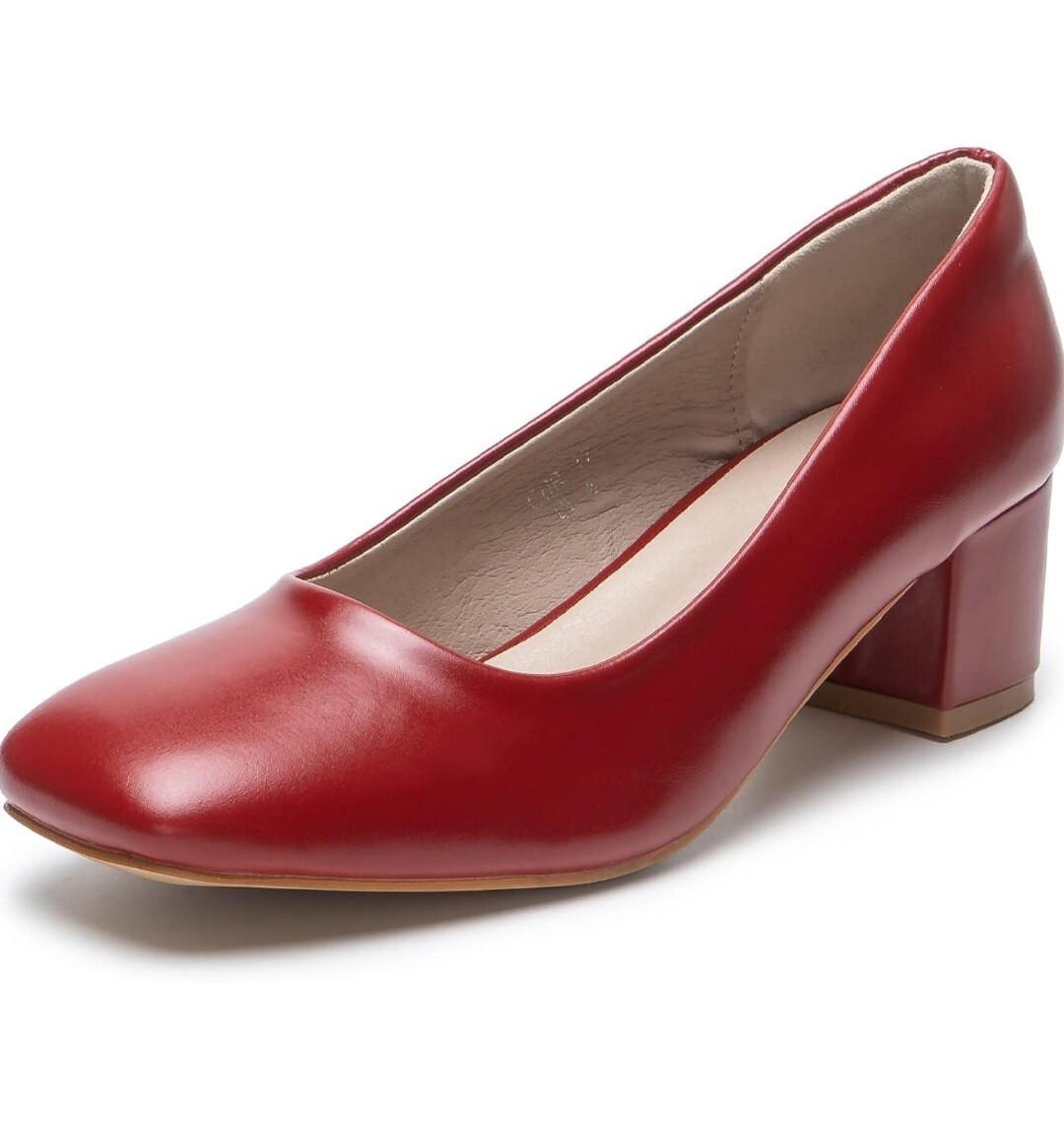 Womens Block Heeled Court Shoes Chunky Mid Low Heels Shoes Red