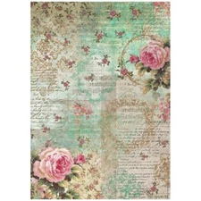 Stamperia A4 RICE PAPER - PRECIOUS - PEONY BACKGROUND, Decoupage, Pink Roses
