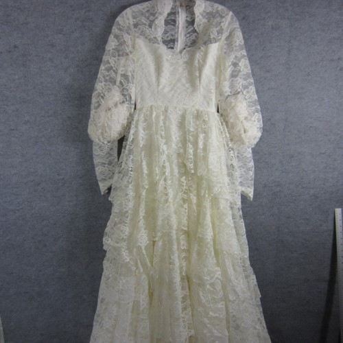 Vintage Wedding Dress Women 6 White Lace Tier Puff Sleeve Bead Floor Long Train - 第 1/20 張圖片