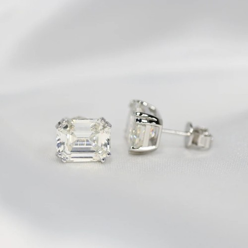 4ct D VVS1 Emerald Cut Moissanite Women's Stud Earrings 18K White Gold Plated - Picture 8 of 12