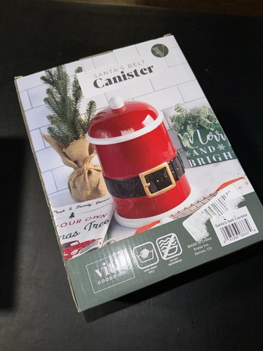 Santa Belt Cookie Candy Pet Treat Jar Canister Christmas Holiday Ceramic 10" New - Picture 3 of 3