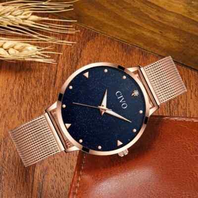 CIVO Womens Rose Gold Sparkle Wrist Watch Quartz Movement Stainless Mesh Band