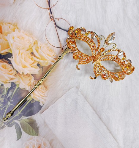 Gold Masquerade Mask, Amber Crystal Handheld Mask, Yellow Gold Mask, Party Mask - Picture 9 of 9