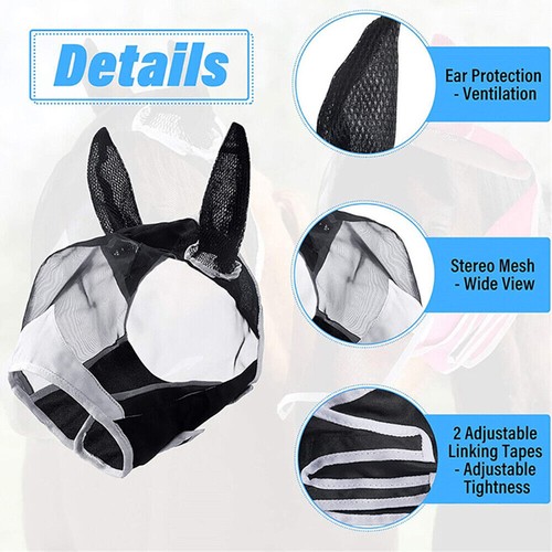 Máscara voladora de mosca de caballo orejas malla facial completa protección anti-UV mosquito insecto EE. UU. - Imagen 4 de 15