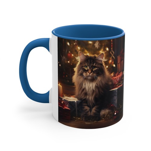 Tazza da caffè colorata 11 once gatto tabby a pelo lungo che celebra il Natale vigilia di Natale - Foto 4 di 21