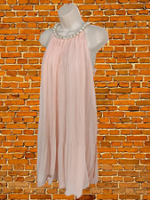 VINTAGE WOMENS SIZE UK SMALL PEACH FLARE DRESS BIG PEARLS HALTERNECK STRAP