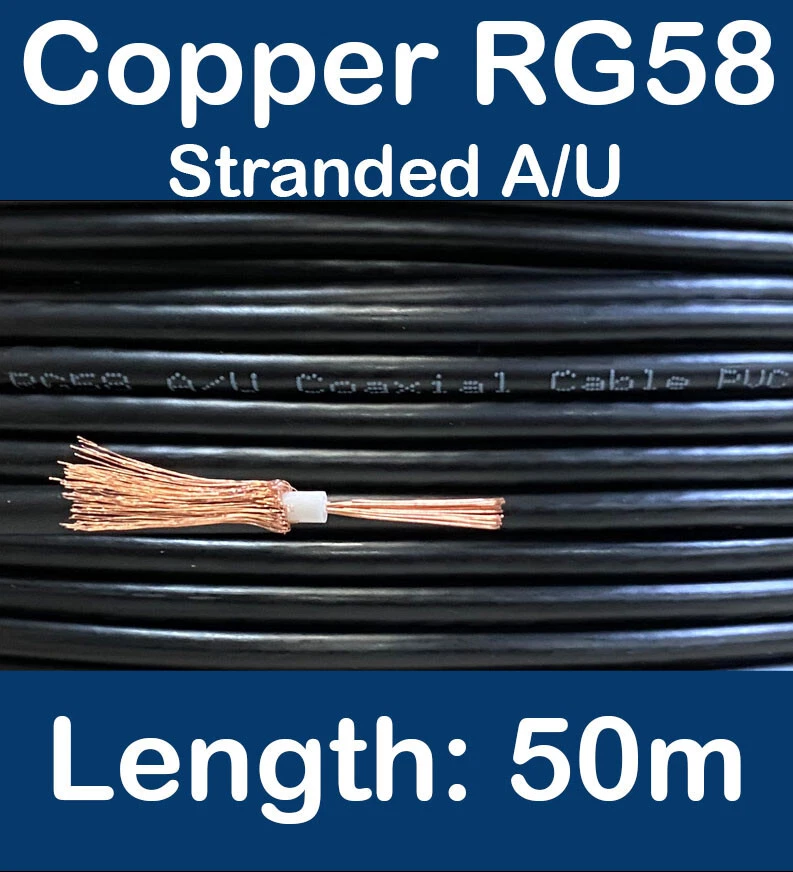 50m Copper Black RG58 A/U 50 Ohm Stranded Coax Coaxial Cable CB Radio Ham Aerial