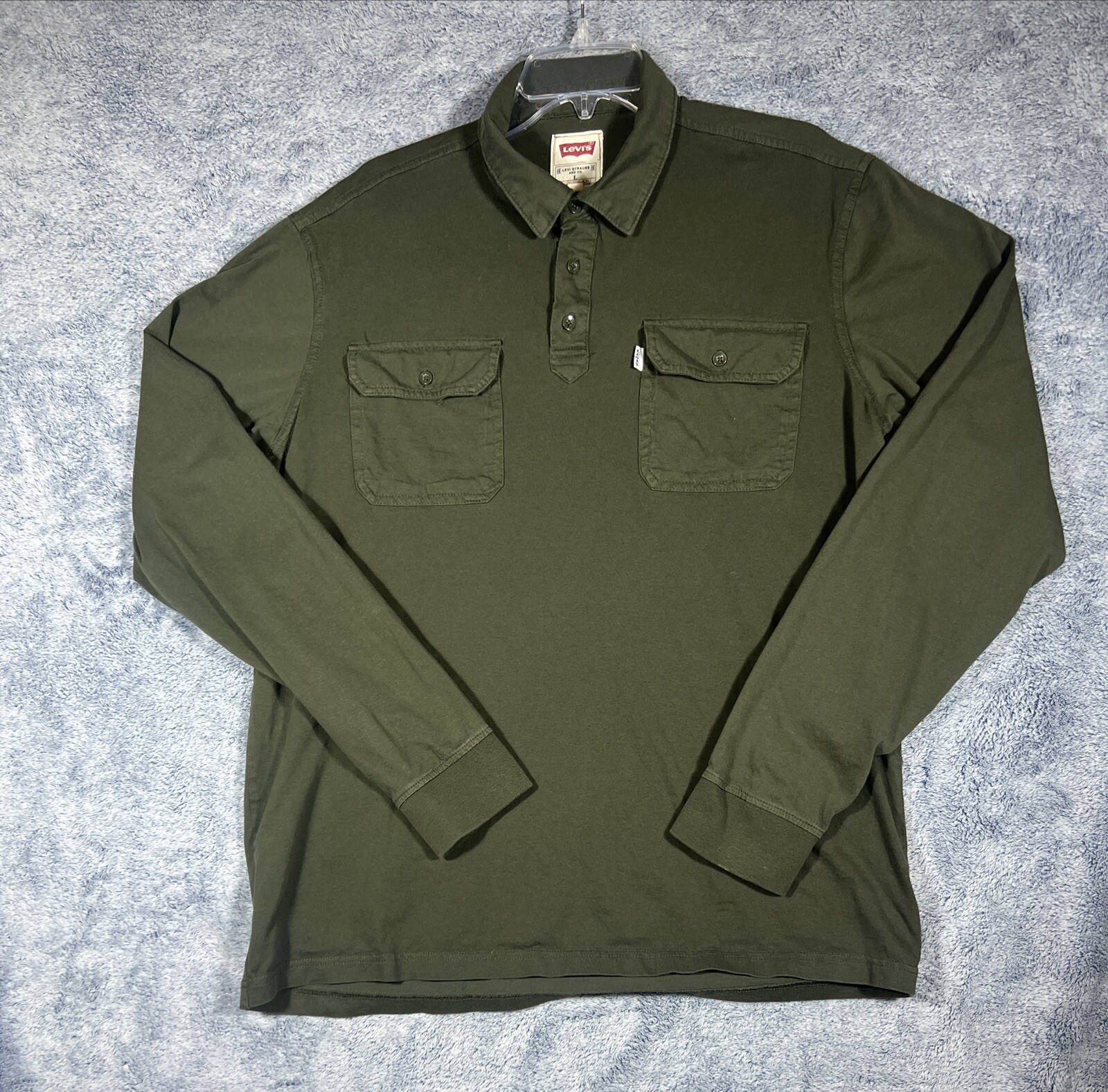 Levis Men's White Tab Dark Green Long Sleeve w/ Double Pockets Polo Shirt Size L