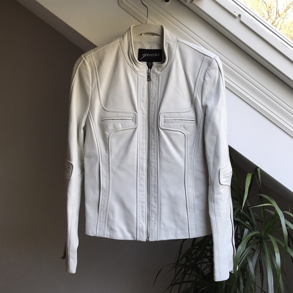 Guess Womens Motorcycle White Leather Jacket Small Cyberpunk Guess Womens Motorcycle White Leather Jacket Small Cyberpunk