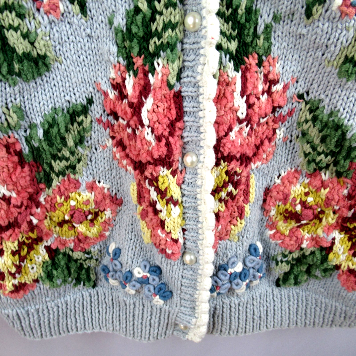 Vintage MARISA CHRISTINA Hand Knit Floral Cardigan Sweater Womens