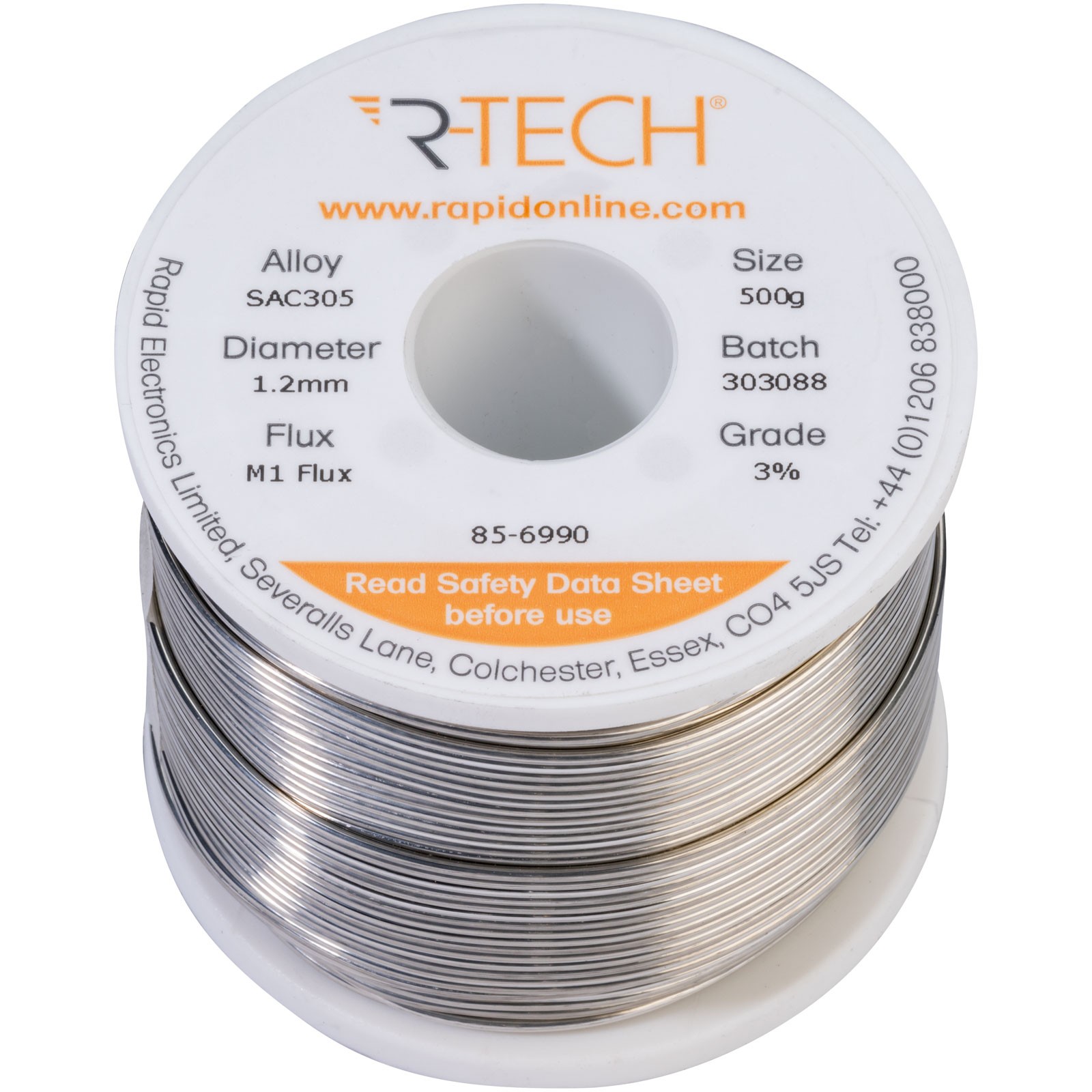 R-TECH SAC305 Solder 3% M1 Flux 0.5-2% Halide 1.2mm 500g Reel