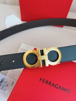 Salvatore Ferragamo Gold Gancini Buckle Black Pebbled Leather Dress Belt-90CM