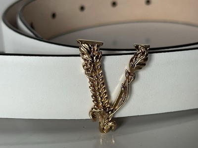 Versace Virtus White Calf Leather Belt 75 (30) Italy 1012380 NWT V Embellished Leather Belt 3 cm White | VERSACE US main image 4