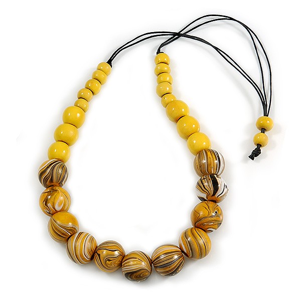 Stylish Graduated Wood Bead Cotton Cord Necklace In Yellow/ Black - 64cm Long