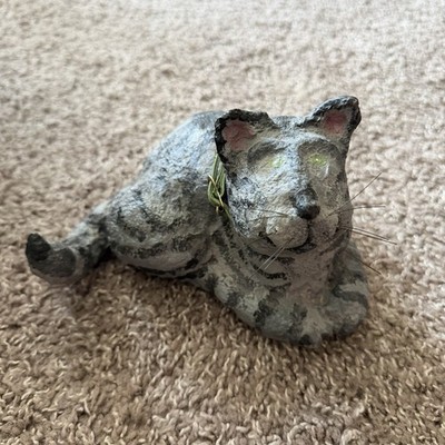 Vintage Gray Striped Paper Mache Homemade Cat Kitty Figurine