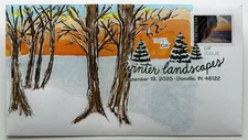 2025 Winter Landscapes FDC Hand Drawn Cachet Frozen Lake Winter Sky Trees DCP