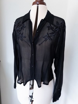 Vintage 90er schwarz transparent Perlen Bluse romantisch Goth Abend Party Top 12-14