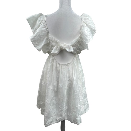 White Ruffled Tie Back Mini Babydoll Dress Sz M Floral Coquette Fairy Romantic - Picture 6 of 10