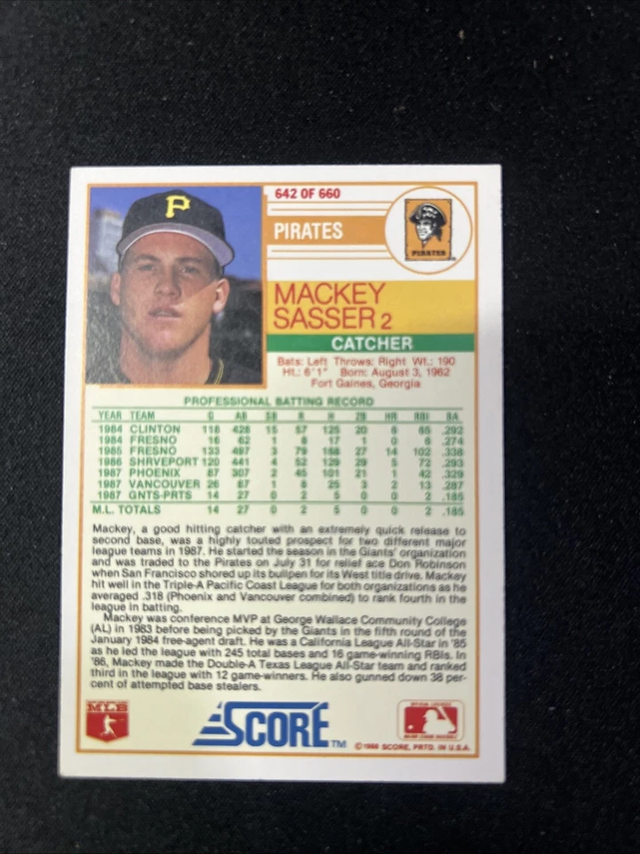 1988 Score # 642 MACKEY SASSER Rookie Pirates New York Mets Nice Look! - Image 2 of 2